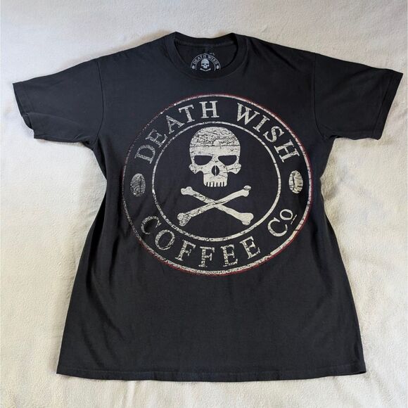 Death Wish Coffee Co. Graphic T-Shirt Men's Large/XL Black Faded Skull Logo - Picture 2 of 6